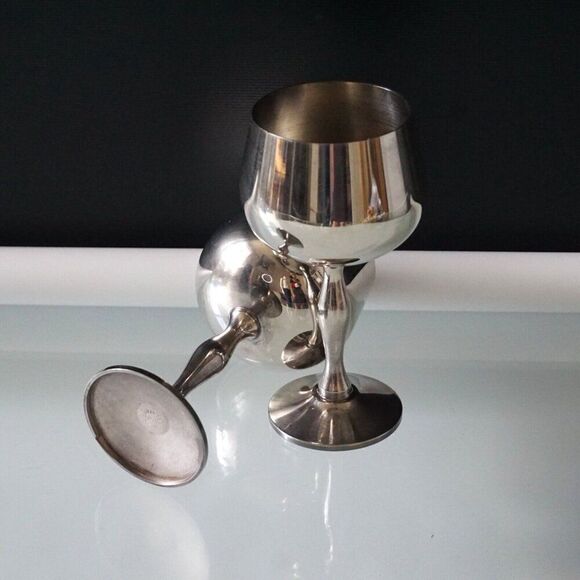 Set of 2 Silver Plate Wine Goblets 5 1/2" Tall Portugal Chalice Wine Cup - Picture 2 of 7